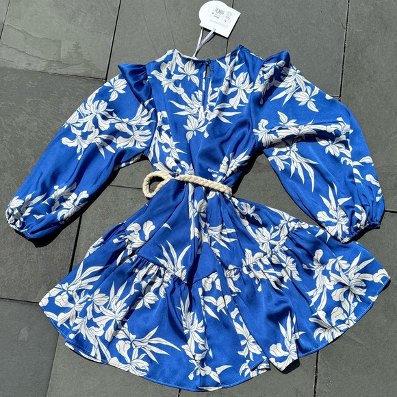 NWT ALEXIS Silky Blue Mini Dress Floral Print Long Balloon Sleeves Rope Tie Belt - Picture 3 of 4